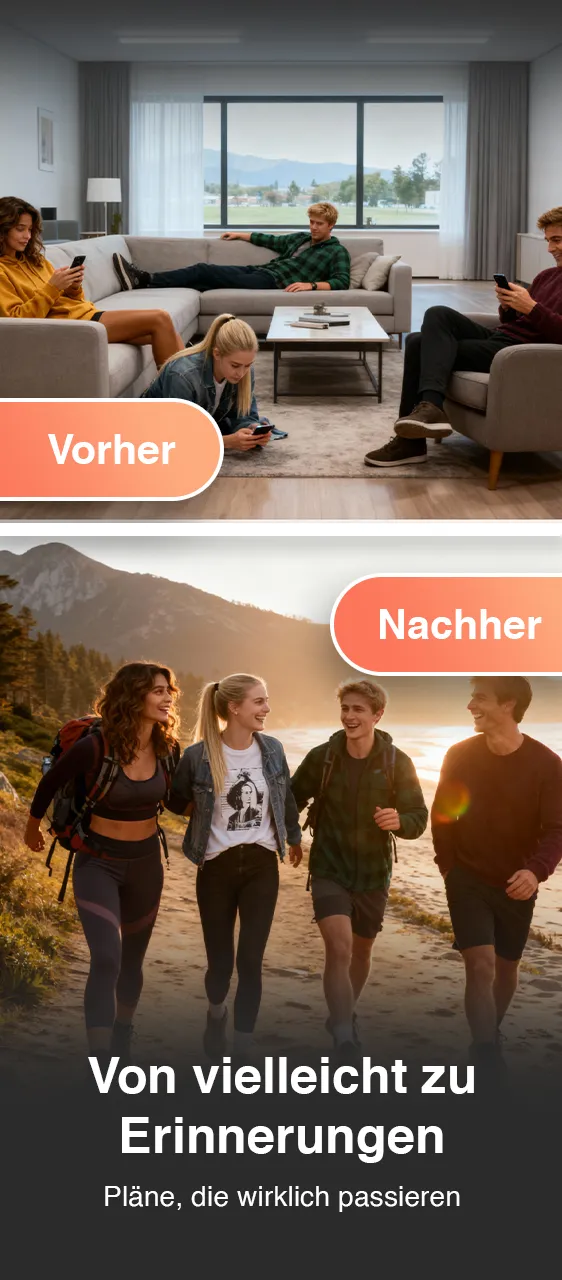 Vorher: Freunde abgelenkt am Handy. Nachher: Freunde wandern gemeinsam in der Natur