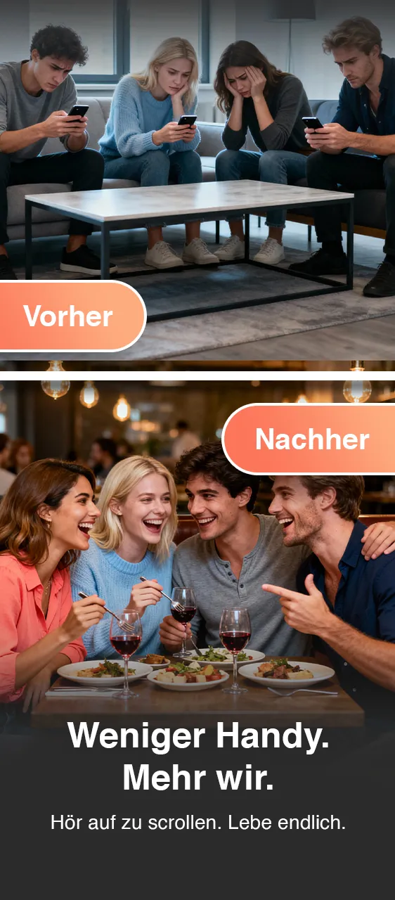 Vorher: Freunde am Handy. Nachher: Freunde genießen gemeinsam ein Essen im Restaurant