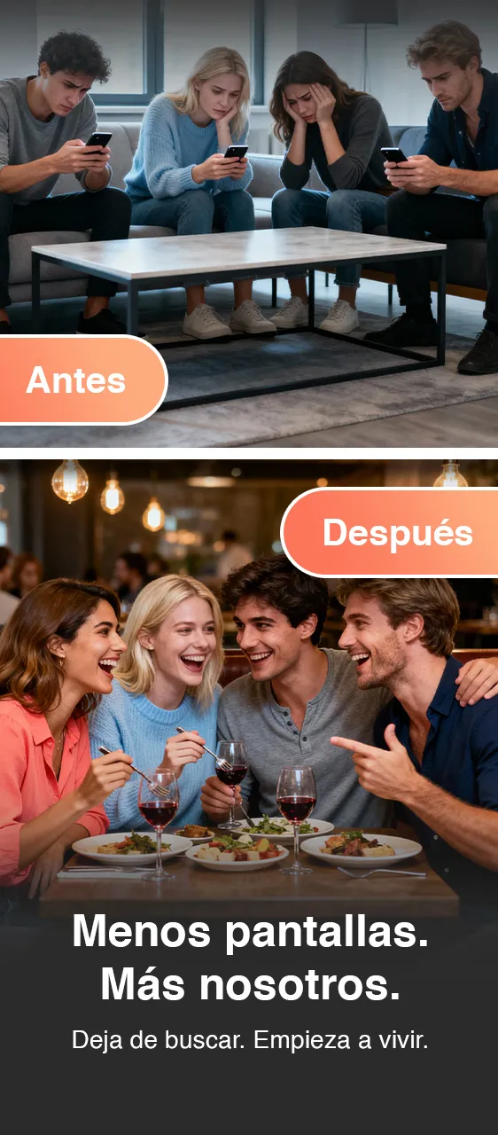 Antes: amigos con el móvil. Después: amigos disfrutando juntos de una comida en el restaurante