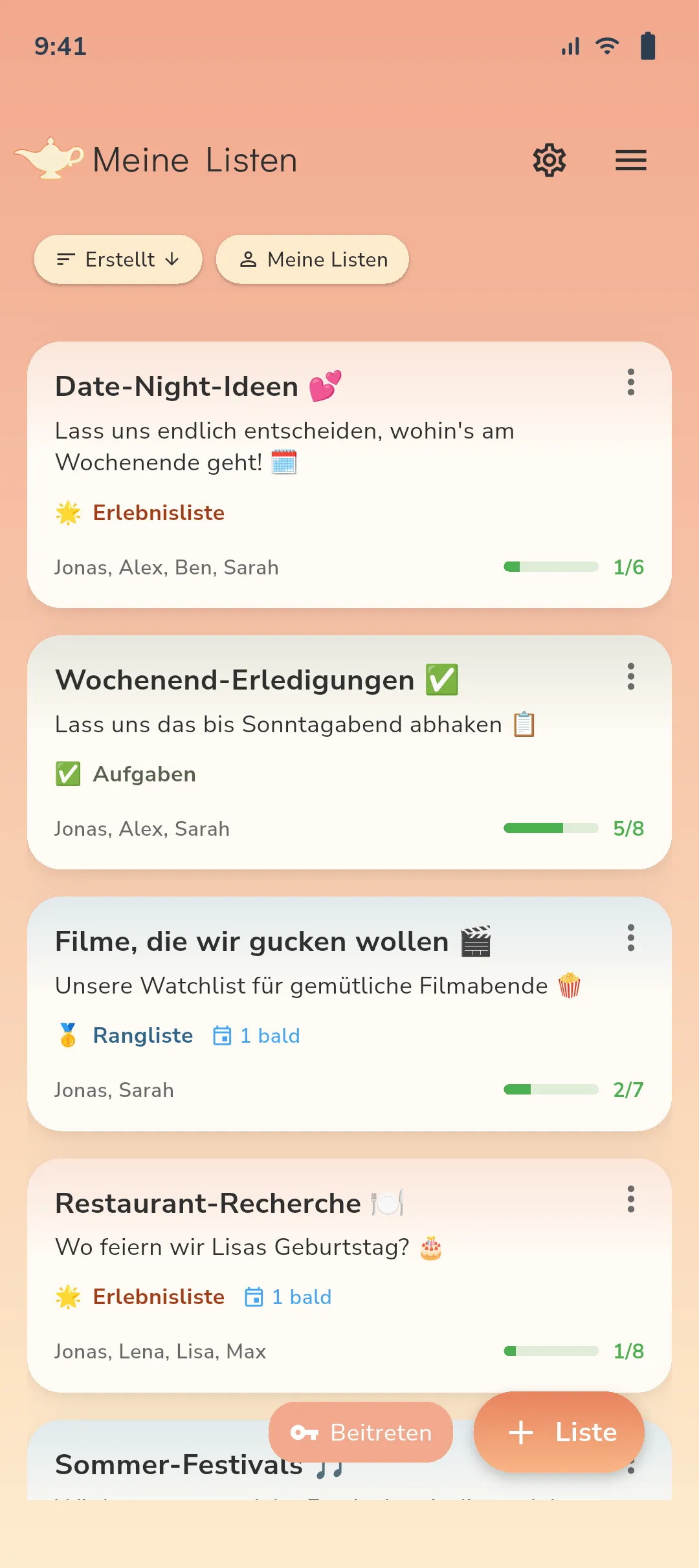 soonish App zeigt Listenübersicht