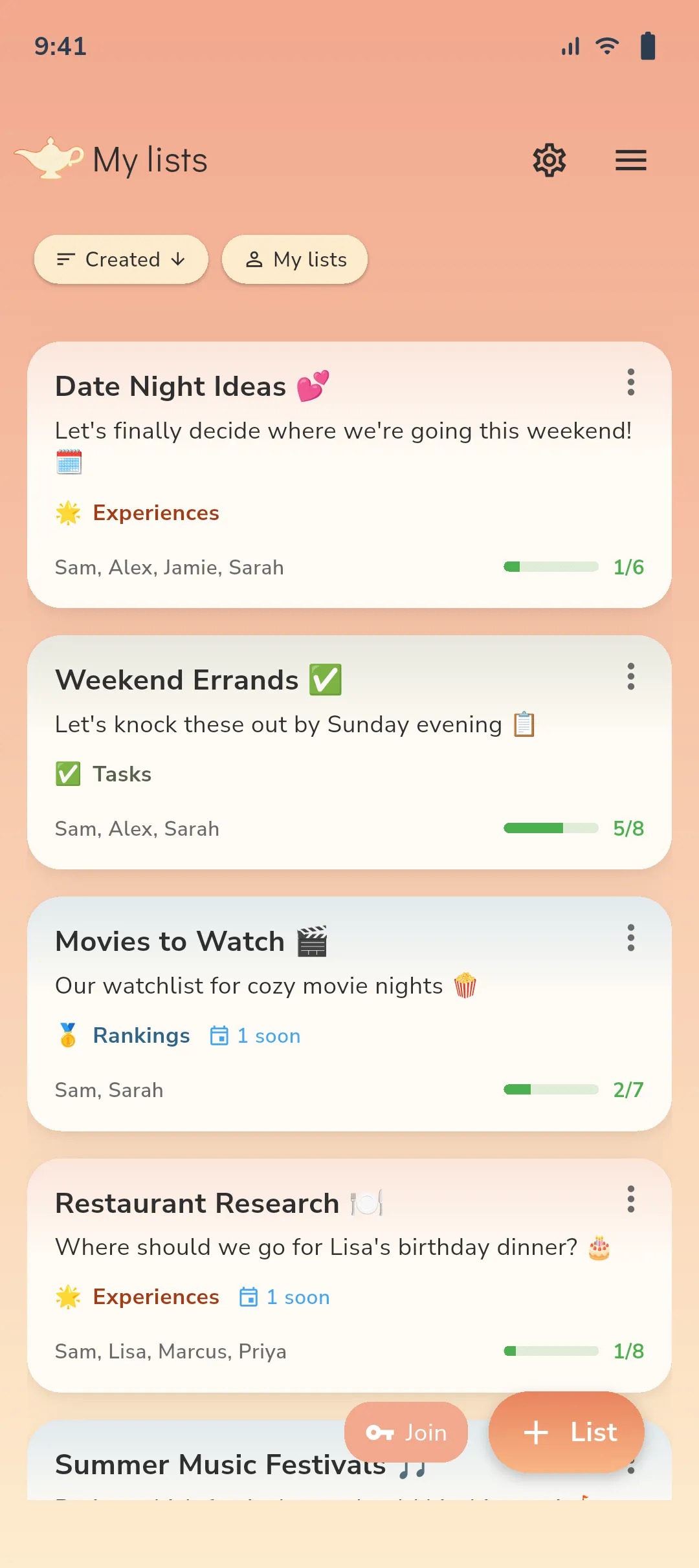 soonish app showing list overview with wishlists