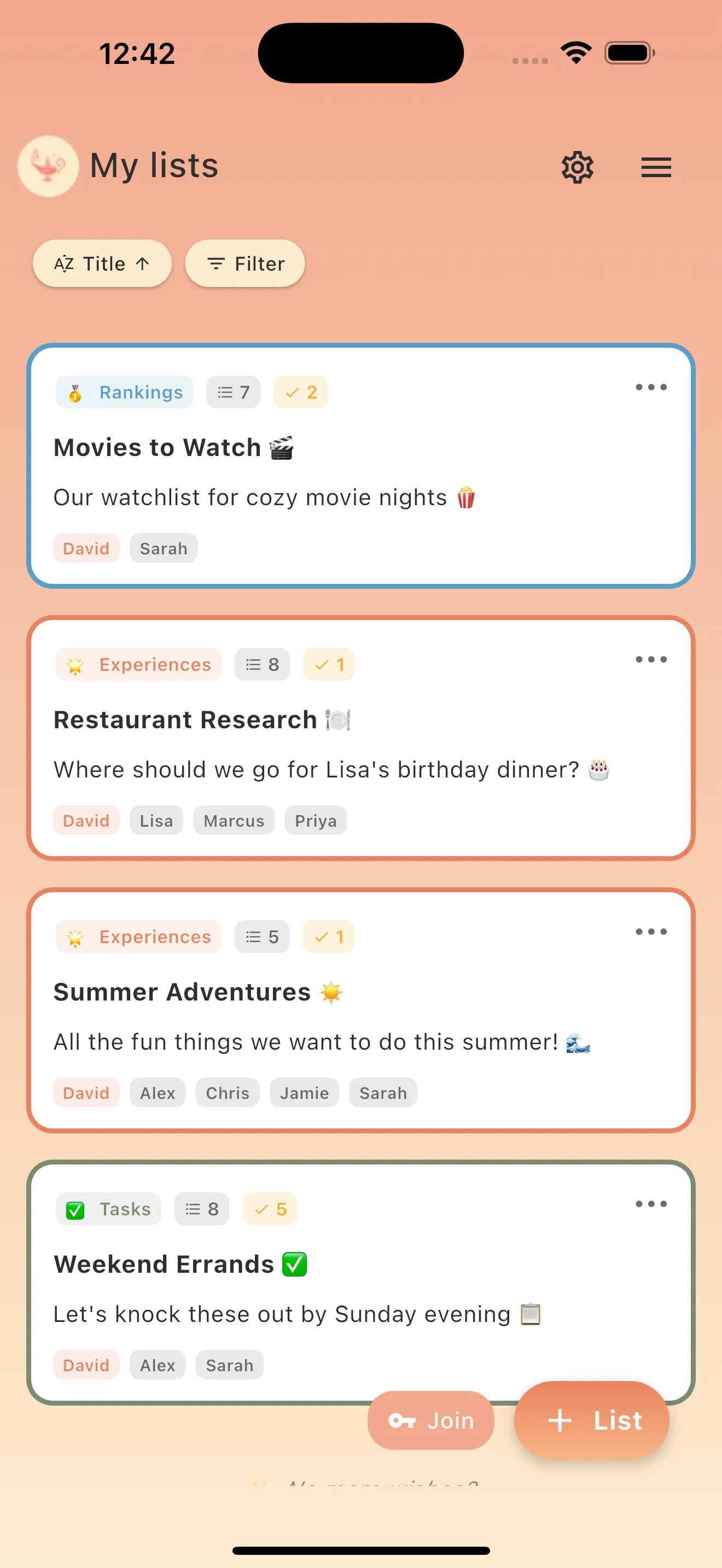 soonish app showing list overview with wishlists