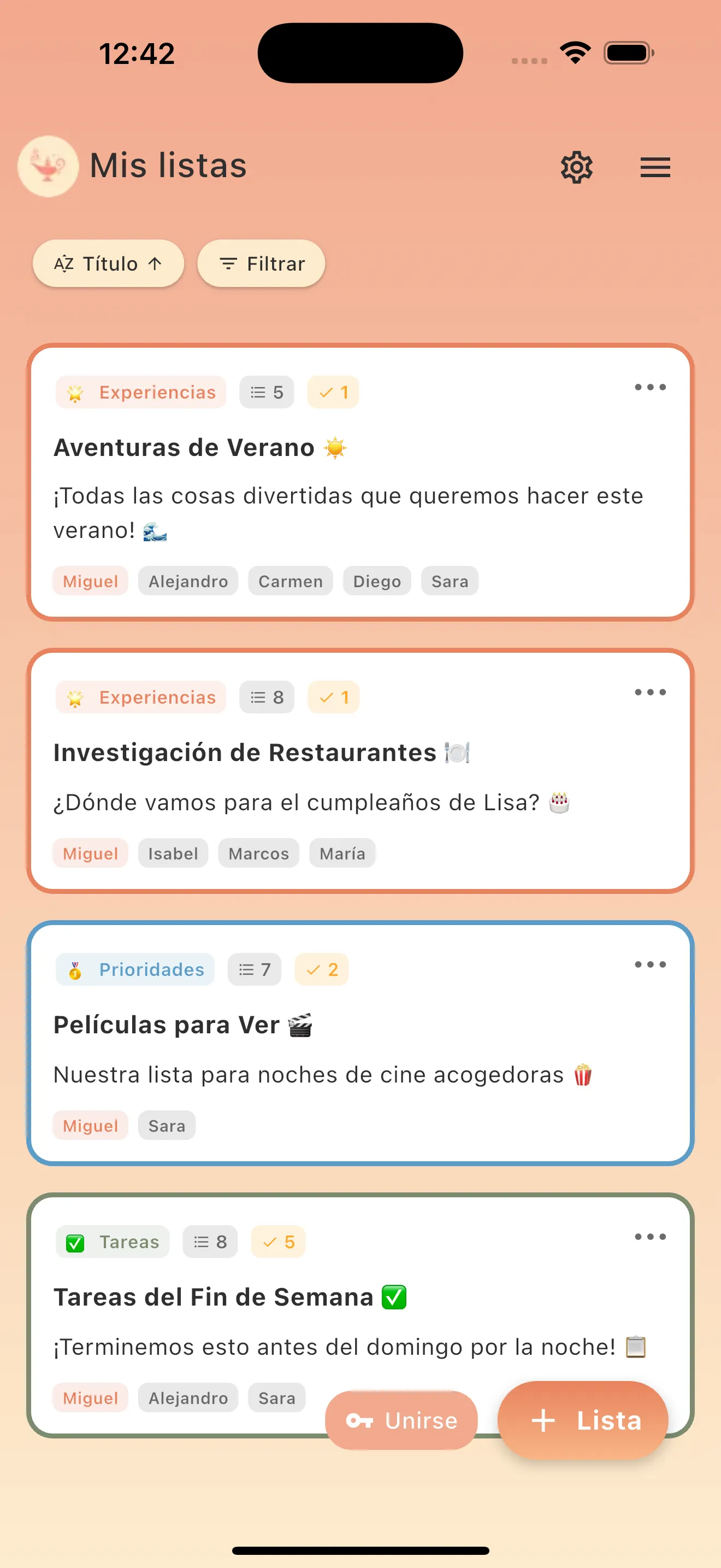 App soonish mostrando vista general de listas