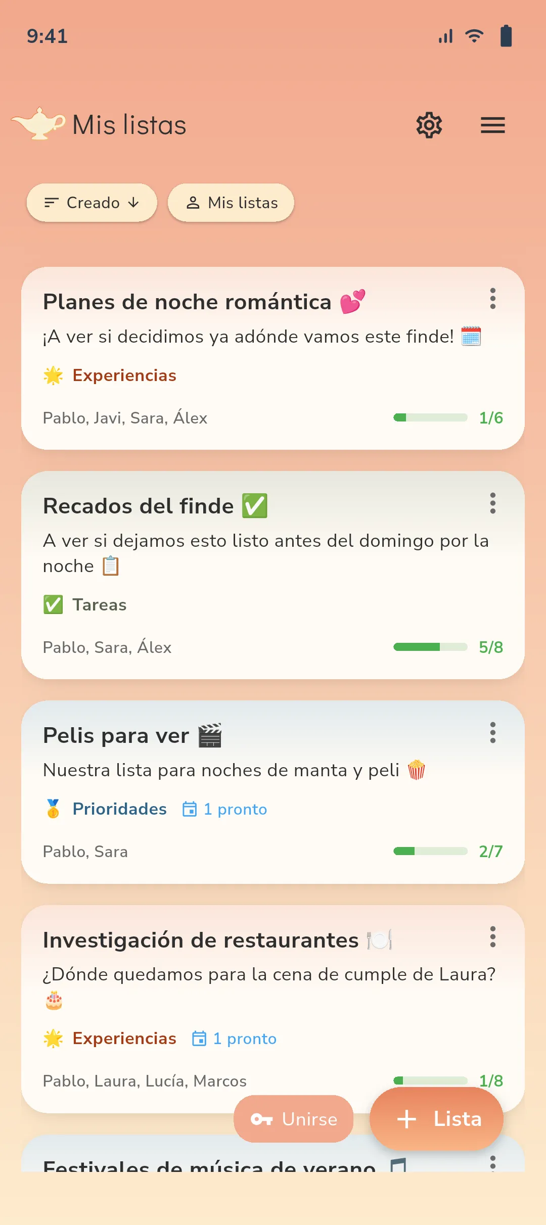App soonish mostrando vista general de listas