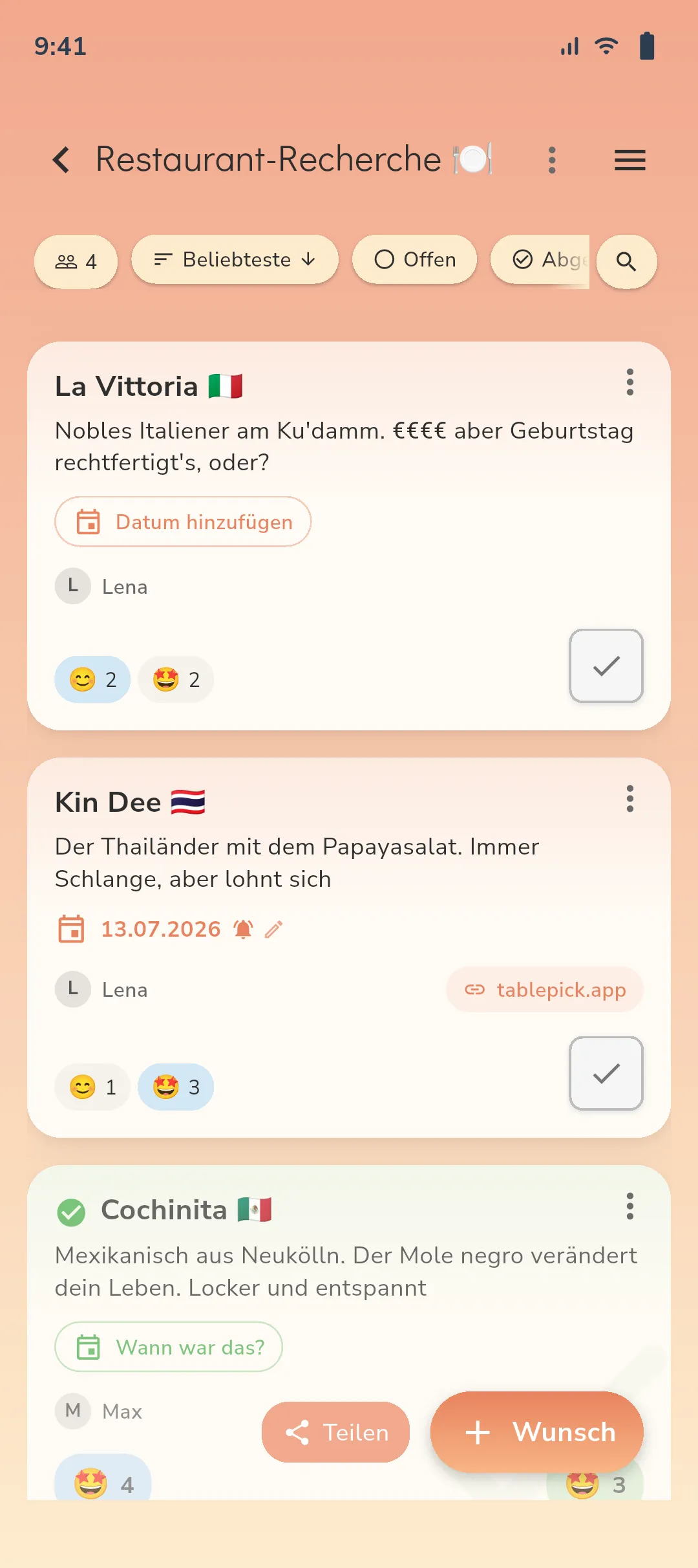 soonish App zeigt Restaurant-Liste