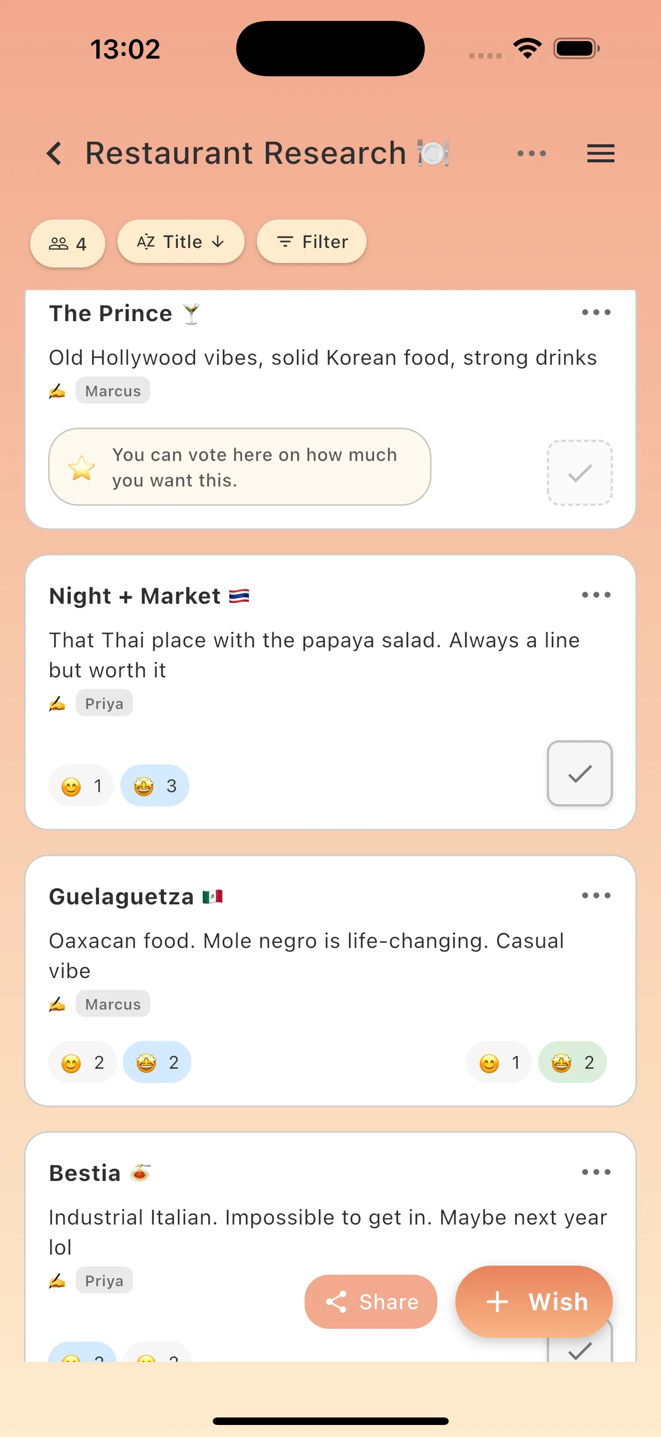soonish app showing restaurant list with voting