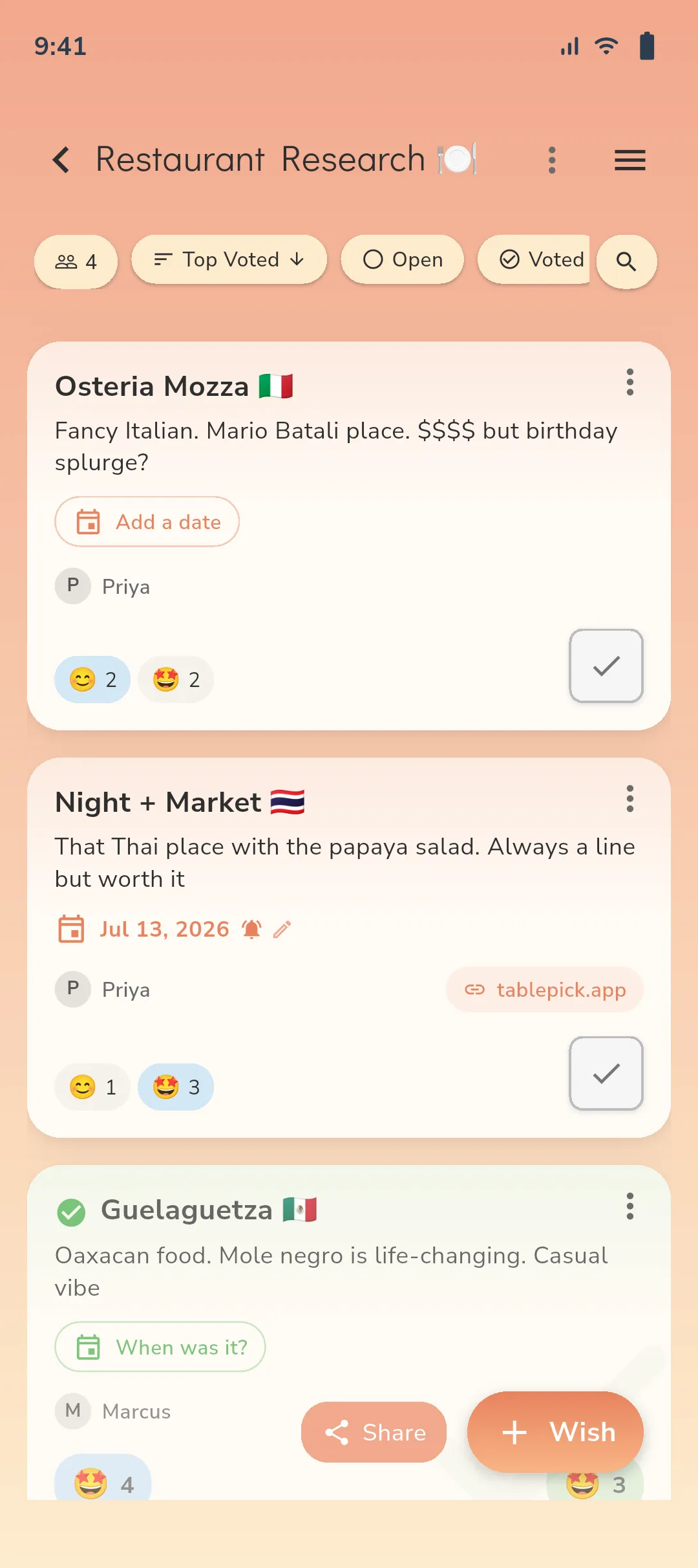 soonish app showing restaurant list with voting