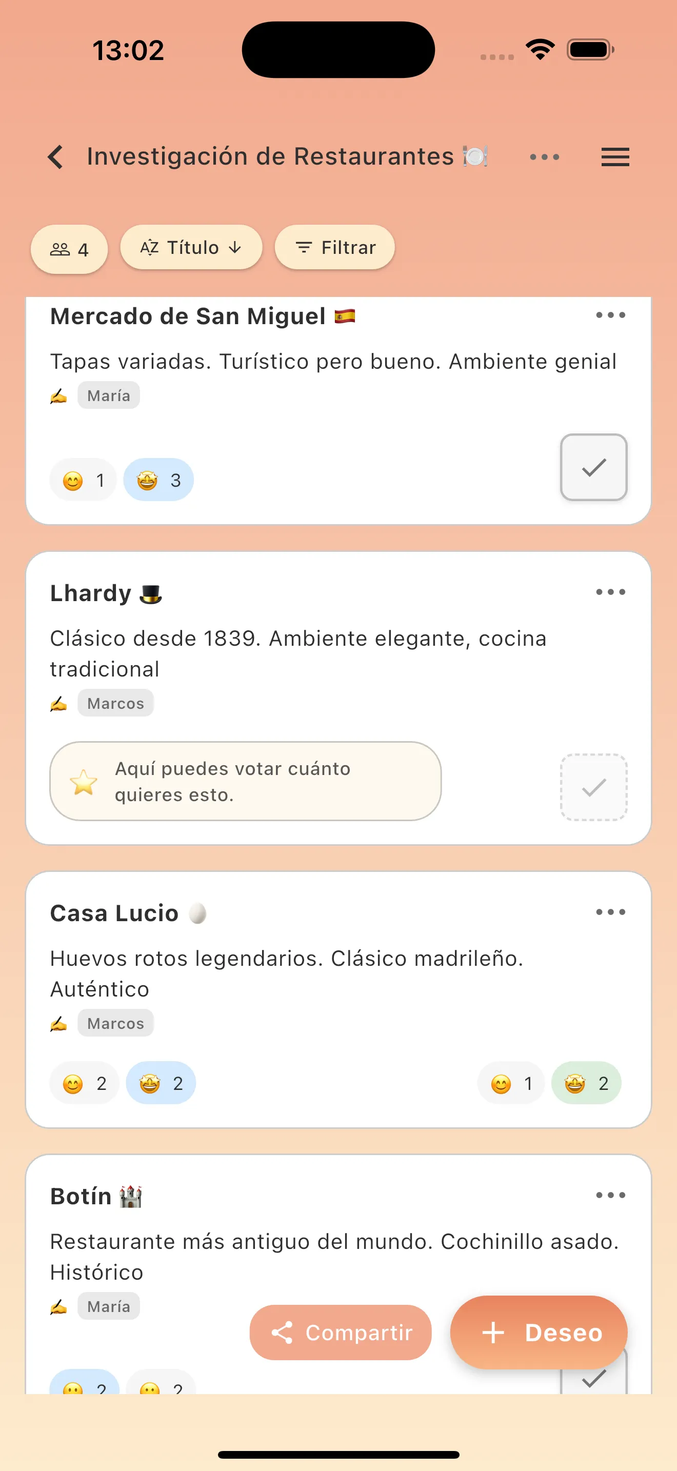 App soonish mostrando lista de restaurantes