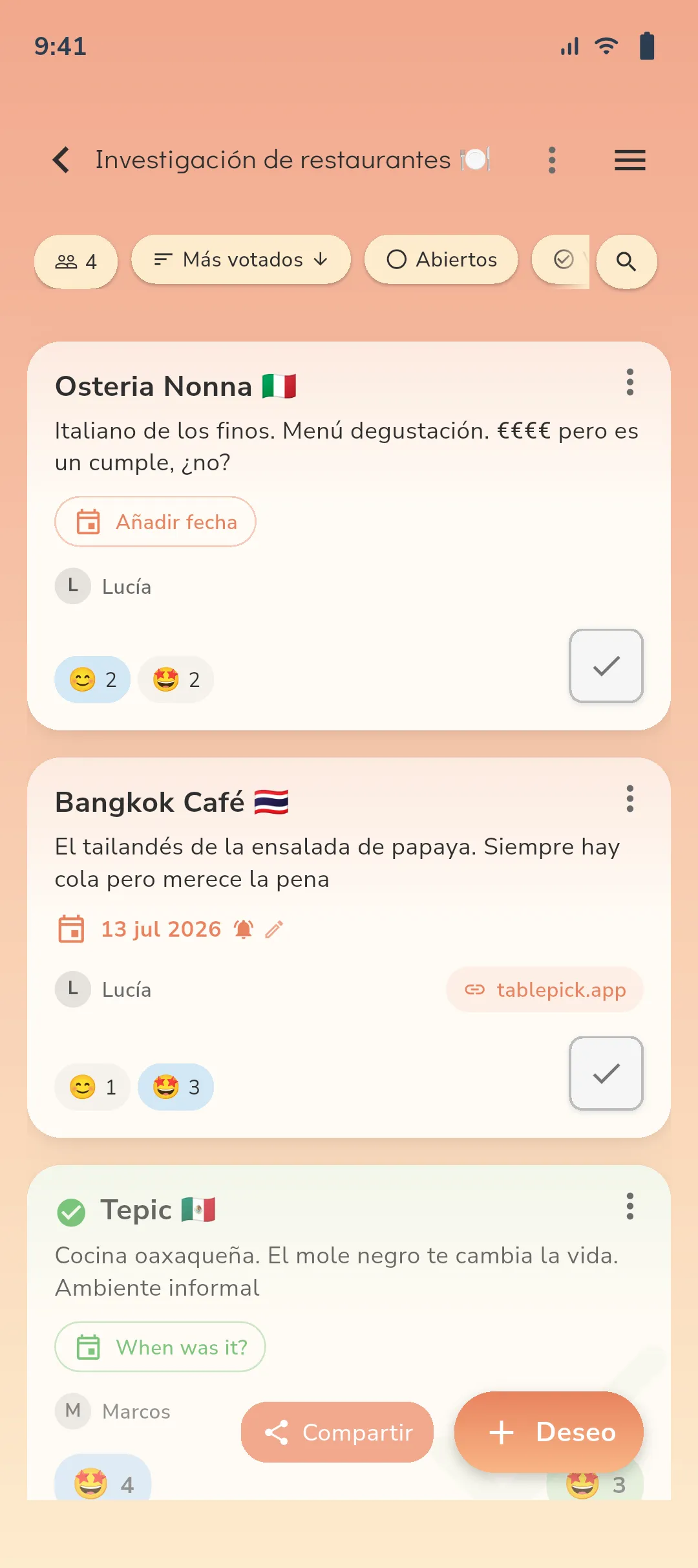 App soonish mostrando lista de restaurantes