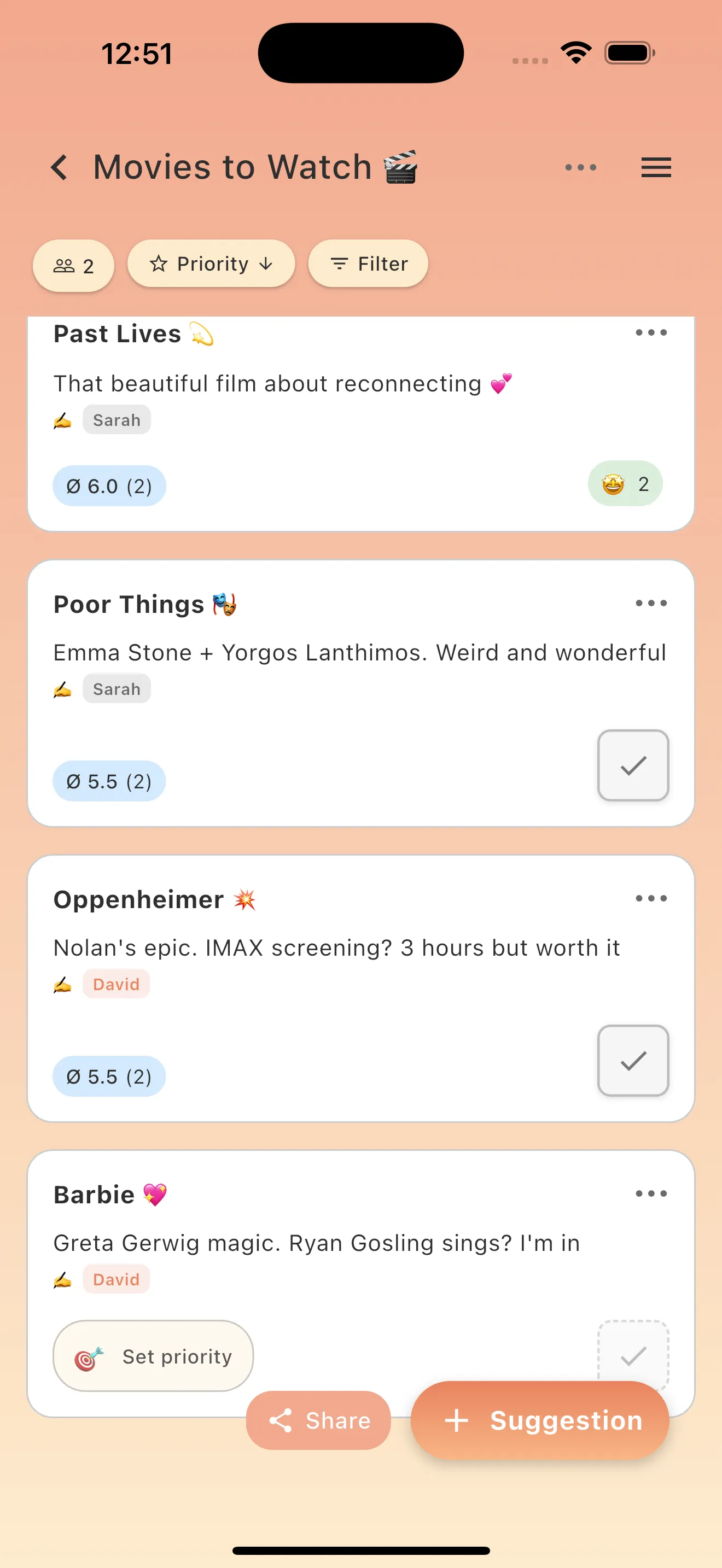 soonish app showing movie watchlist with voting