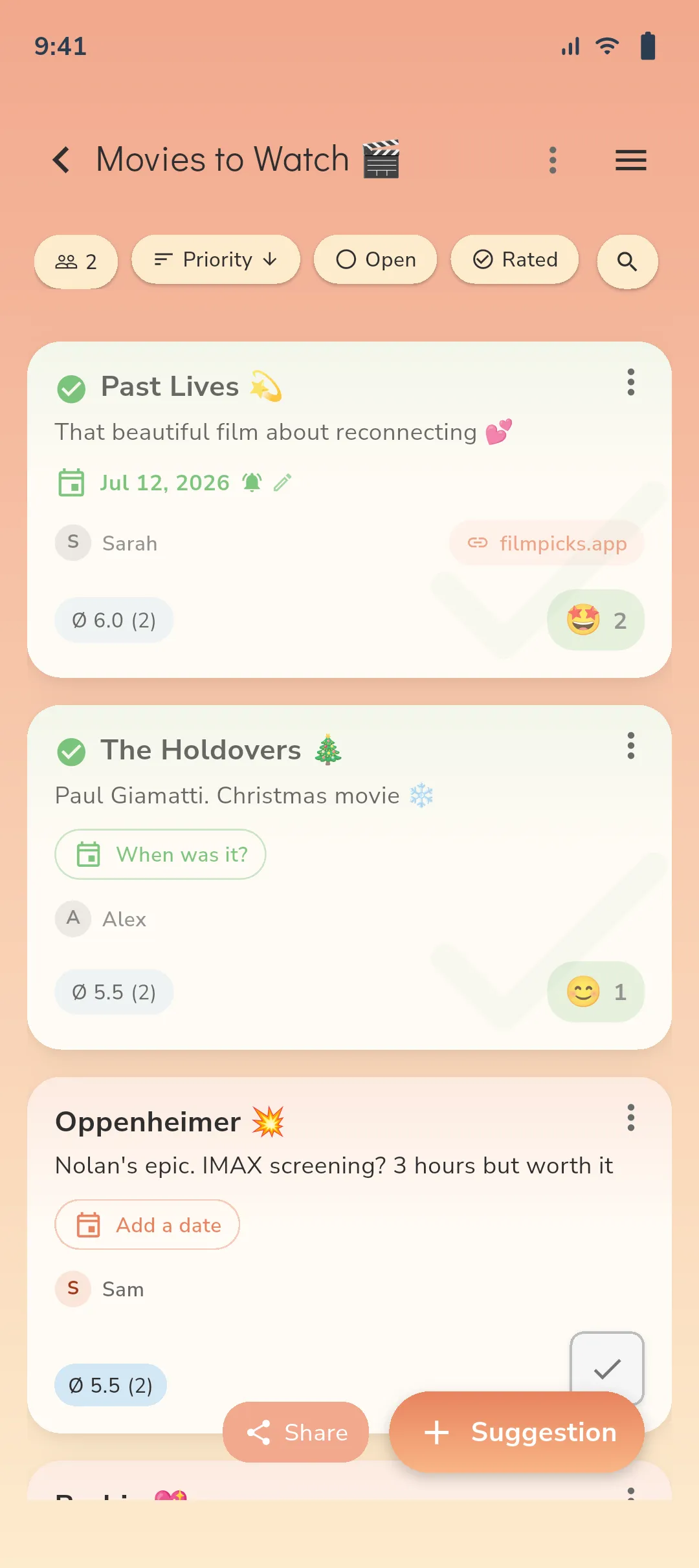 soonish app showing movie watchlist with voting