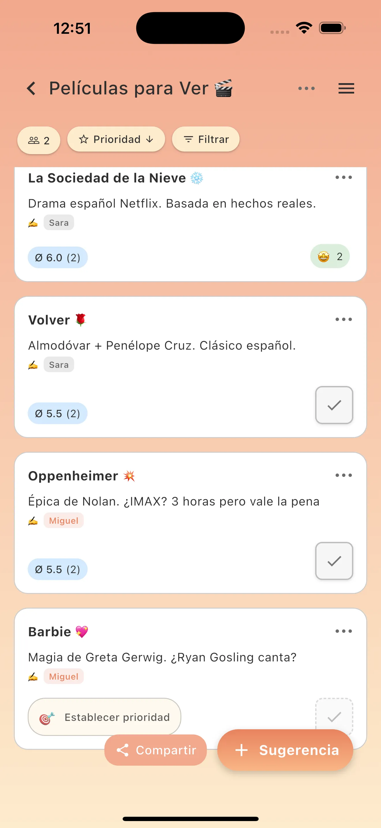 App soonish mostrando watchlist de peliculas