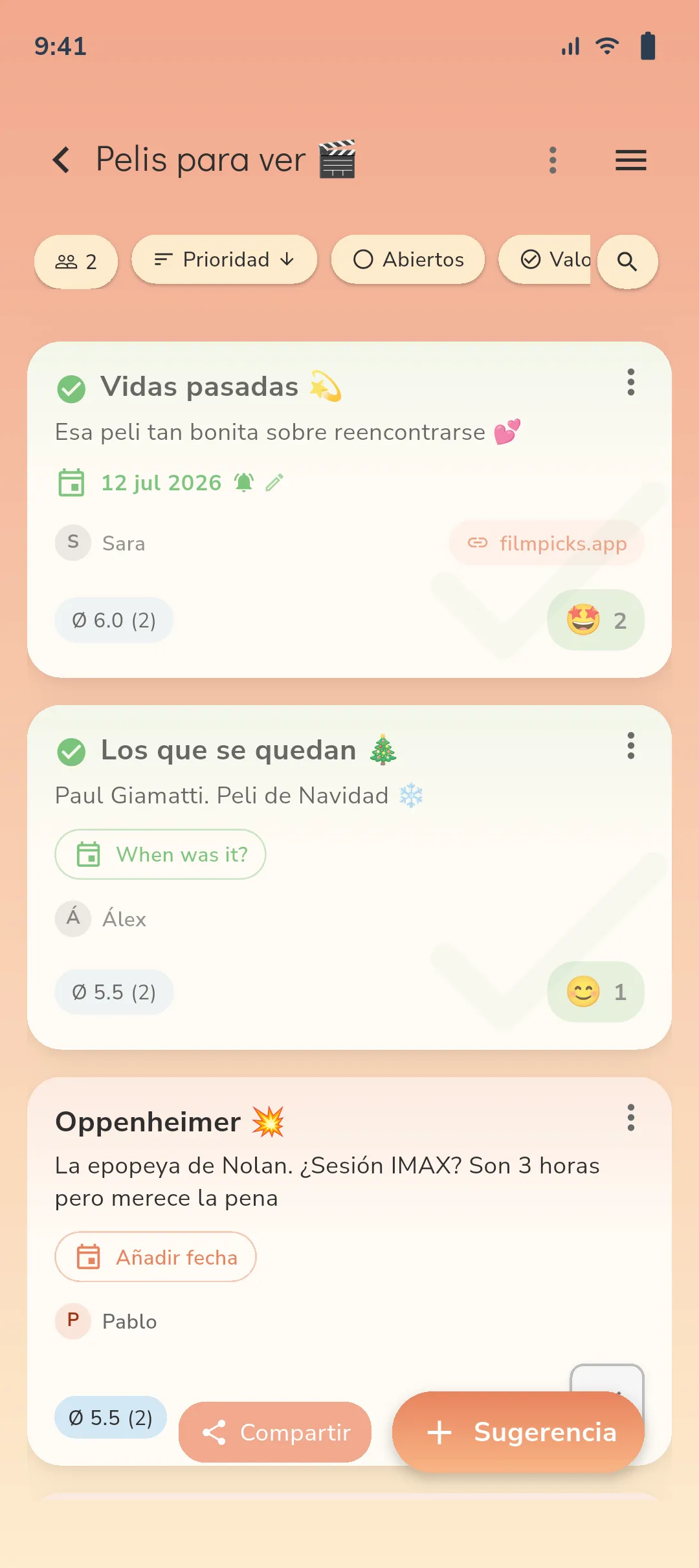 App soonish mostrando watchlist de peliculas